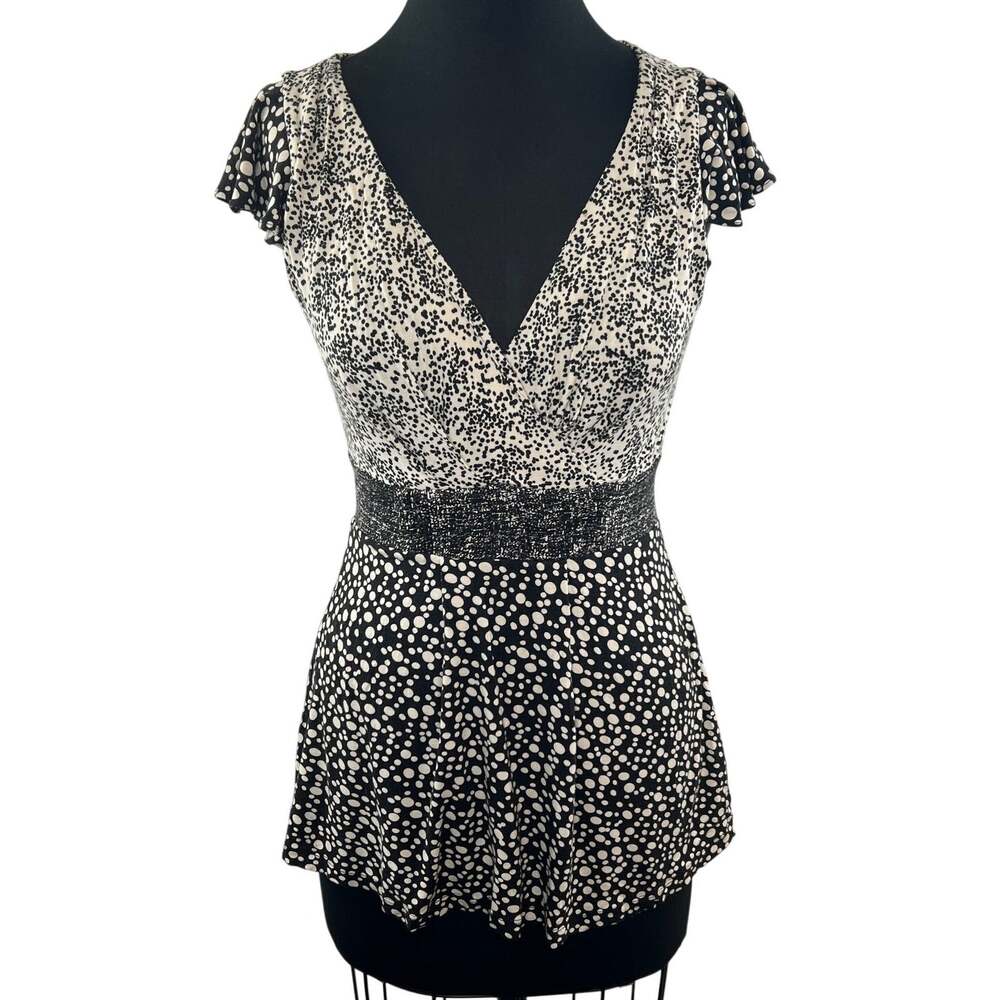 Y2K 90's 2000 BARASCHI Black White Print V Neck Waisted Blouse Top Size S Small